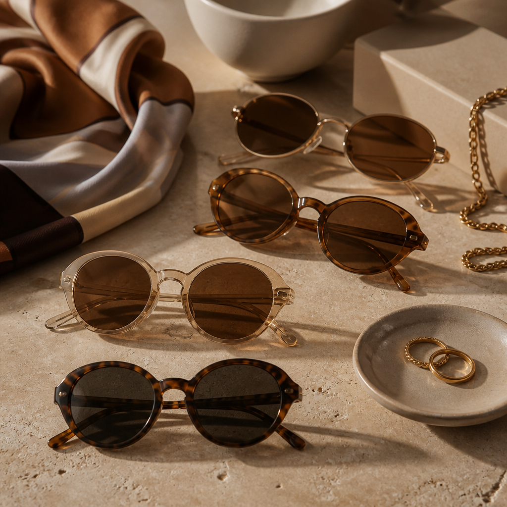 Retro oval and round-frame sunglasses styled with luxury accessories in neutral tones, showcasing vintage-inspired eyewear trends for fall 2026