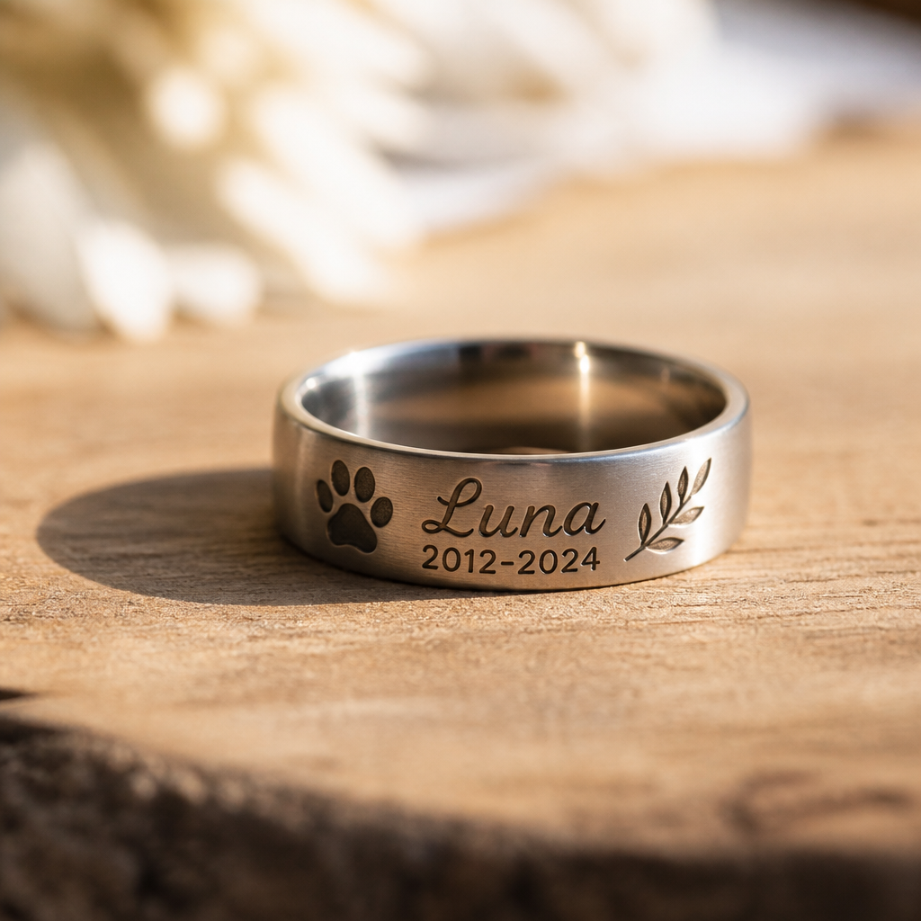 Engraved memorial ring resting on a wooden surface with warm natural lighting