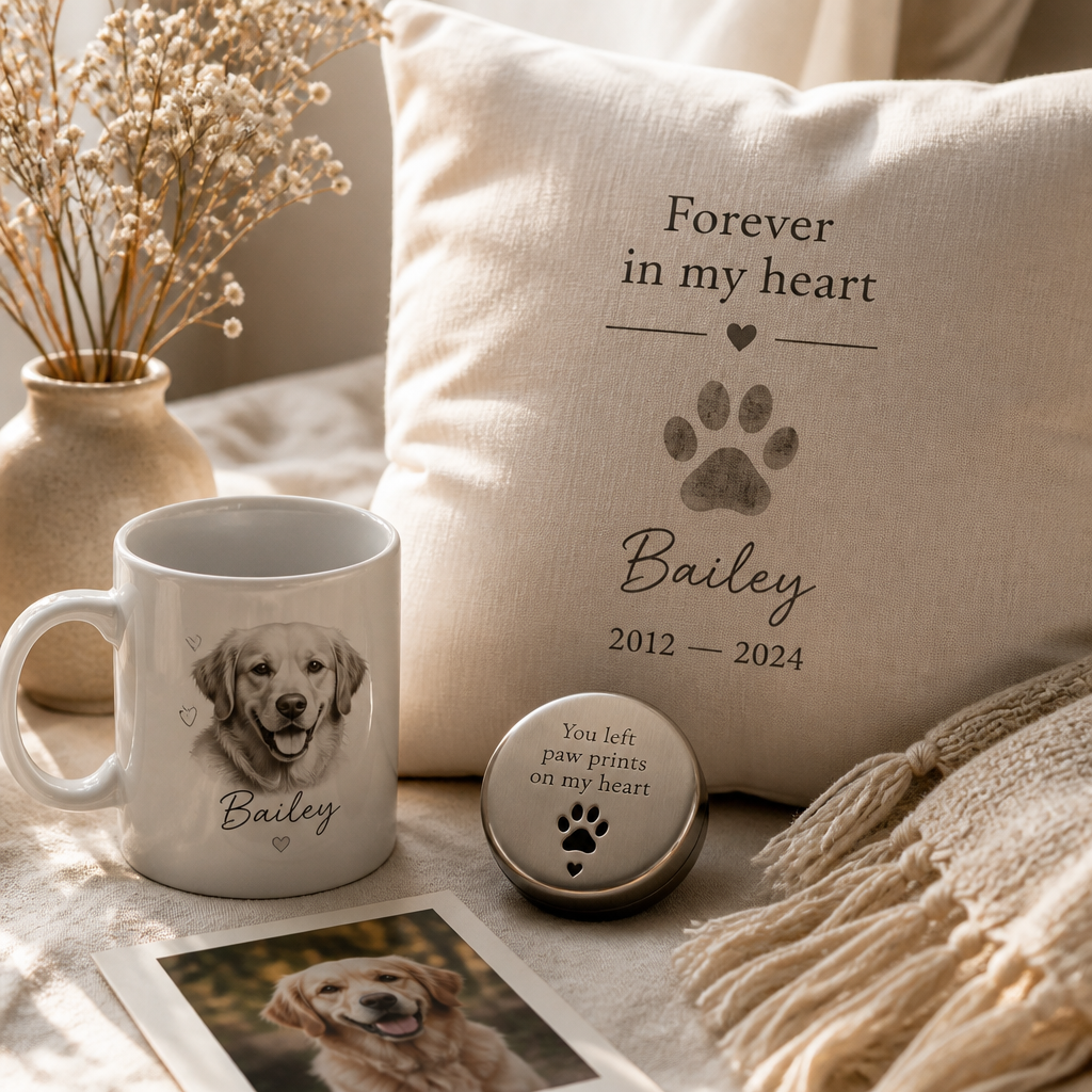 Collection of personalized pet memorial items arranged on neutral fabric with soft lighting