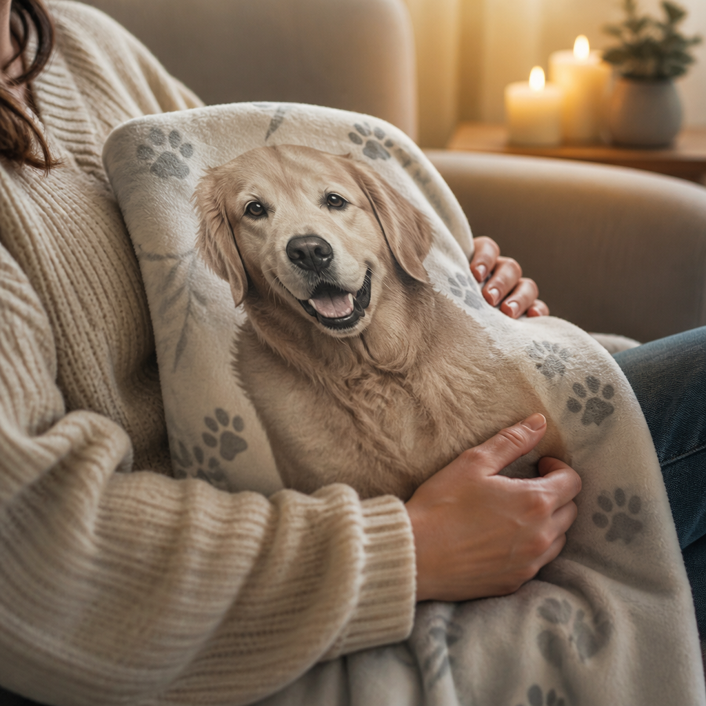 Person holding a personalized pet memorial blanket in a moment of quiet remembrance