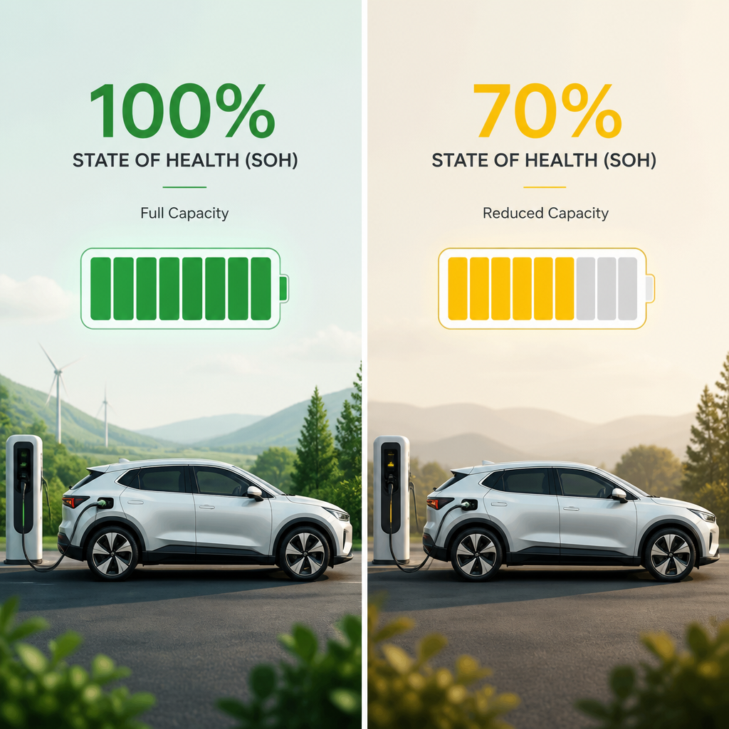 Side-by-side comparison showing EV battery at full capacity versus 70% degradation threshold