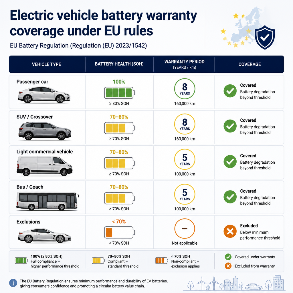Comparative warranty coverage table for multiple EV models showing capacity thresholds and coverage exclusions