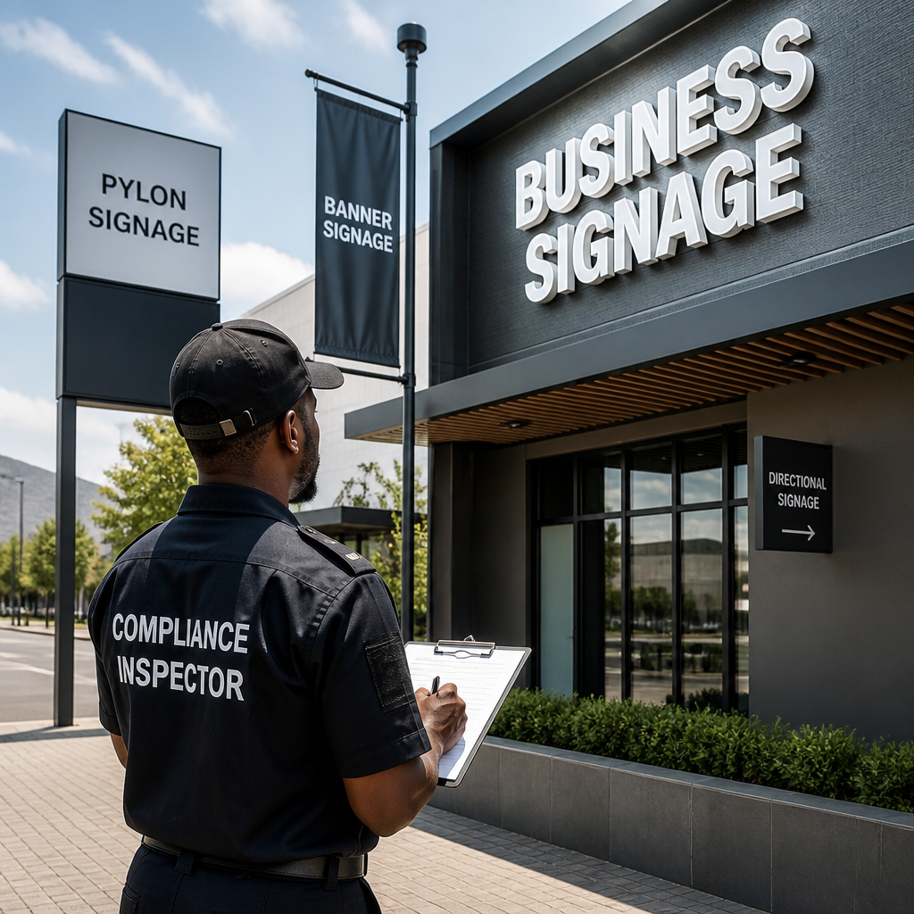 Municipal compliance officer inspecting commercial storefront signage during inspection