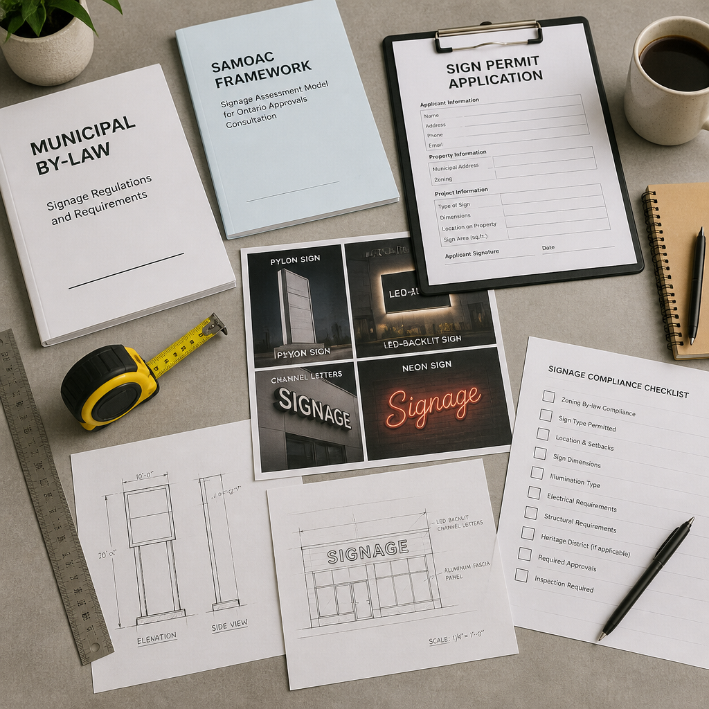 Signage compliance documentation and permit application materials laid out on desk