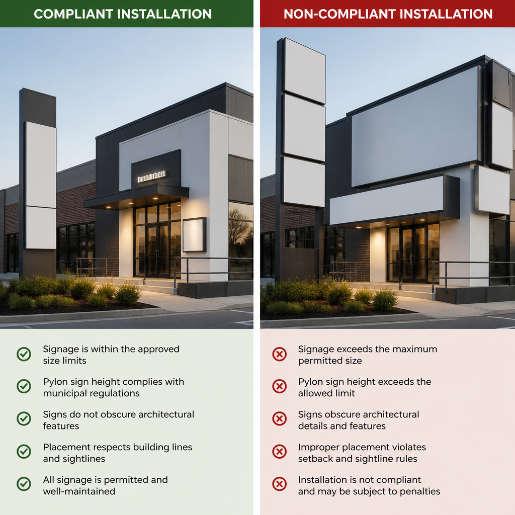 Compliant versus non-compliant commercial signage comparison showing regulatory differences
