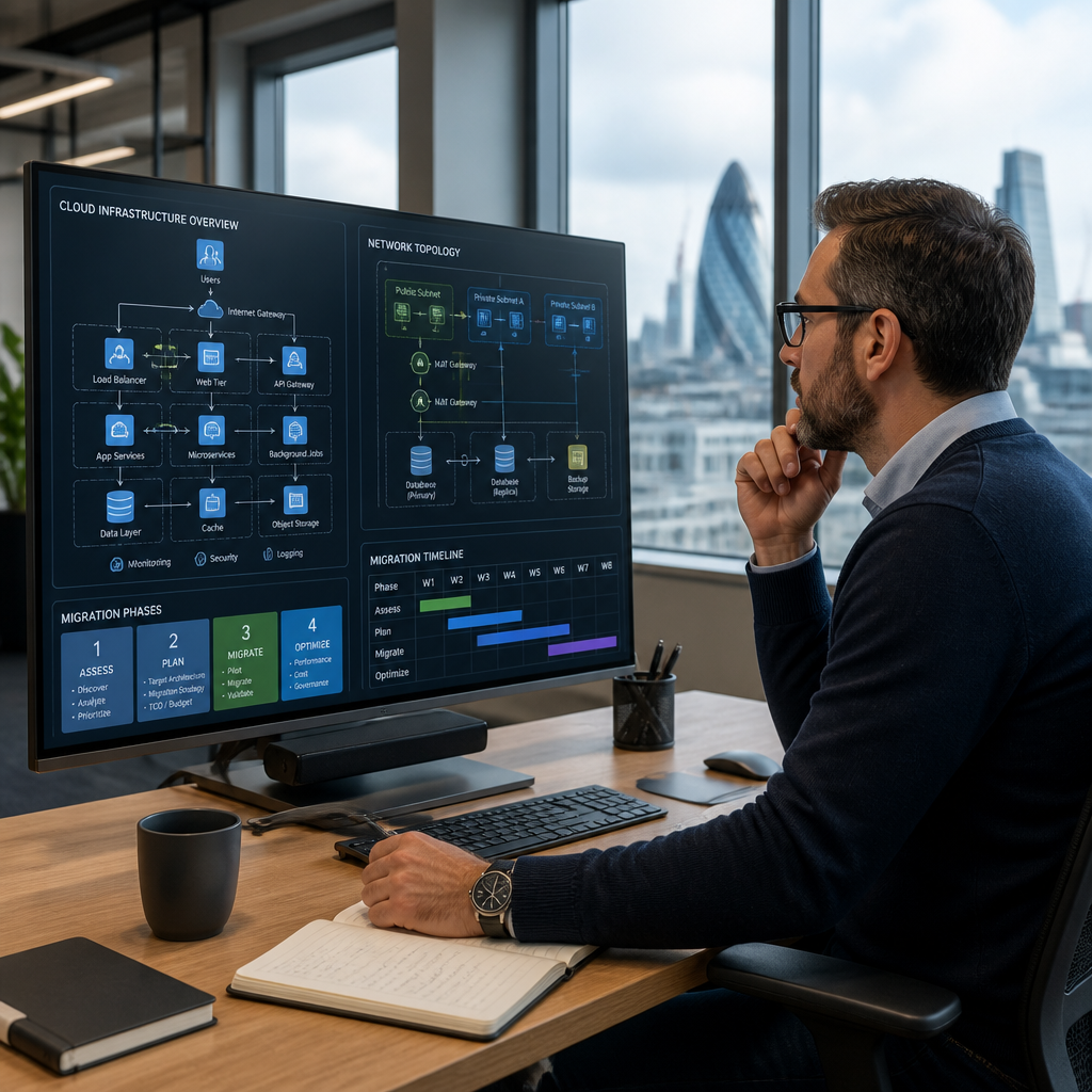 IT manager reviewing cloud migration strategy on monitor in professional London office