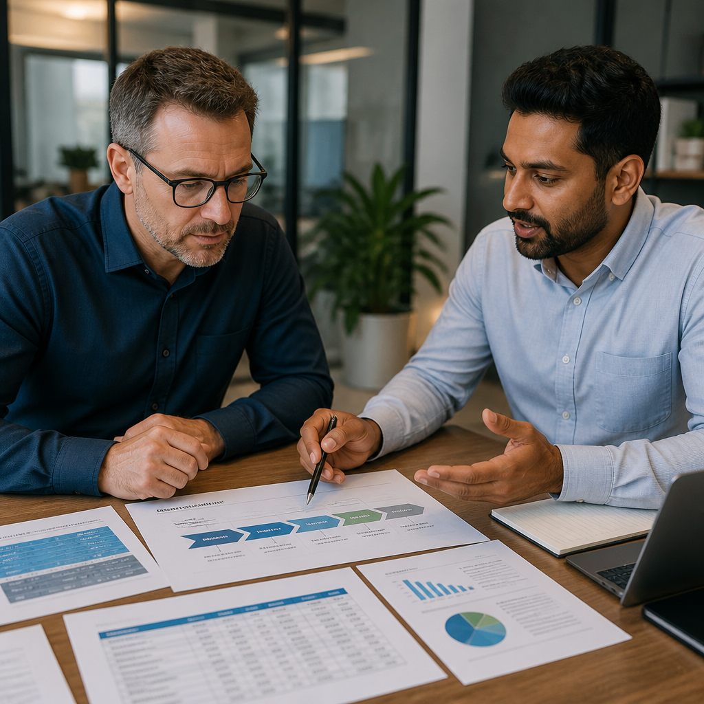 Business leader and IT consultant planning cloud migration strategy together at desk