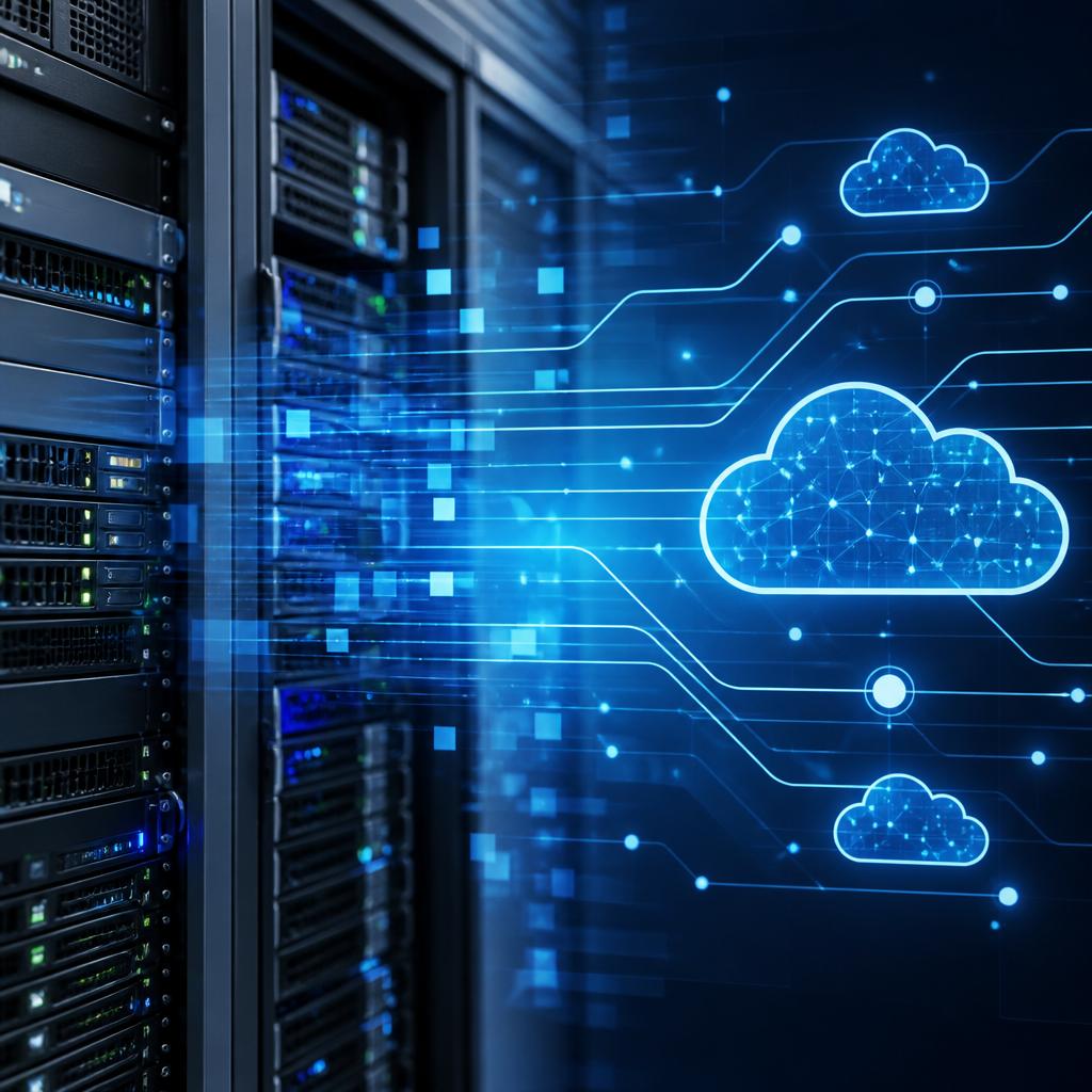 Visual representation of server infrastructure transitioning from on-premises to cloud systems