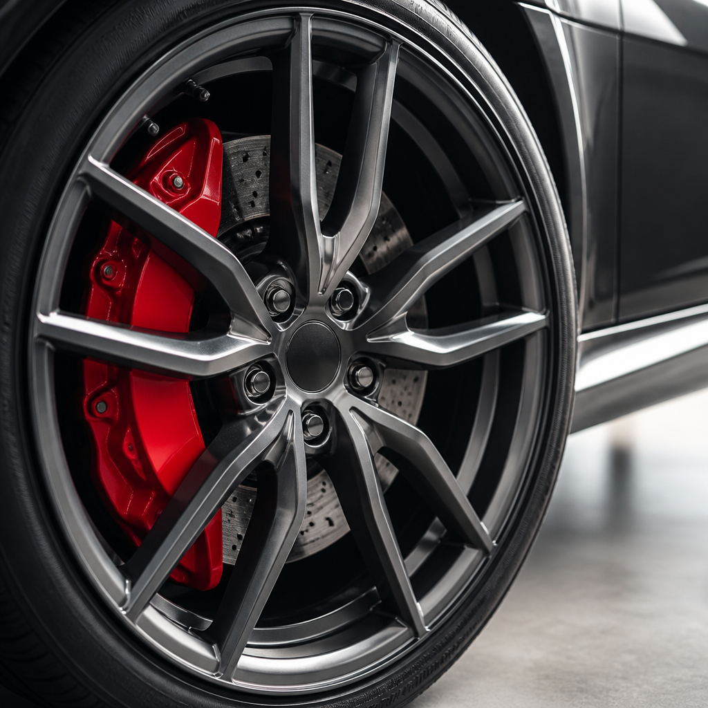 Close-up of a luxury vehicle wheel and brake caliper assembly with premium polished finish and detailed metallic components