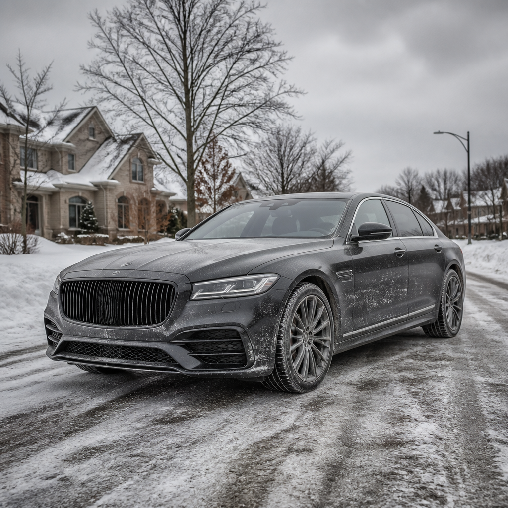 Luxury sedan parked on a snowy Illinois street showing winter damage and road salt exposure on wheels