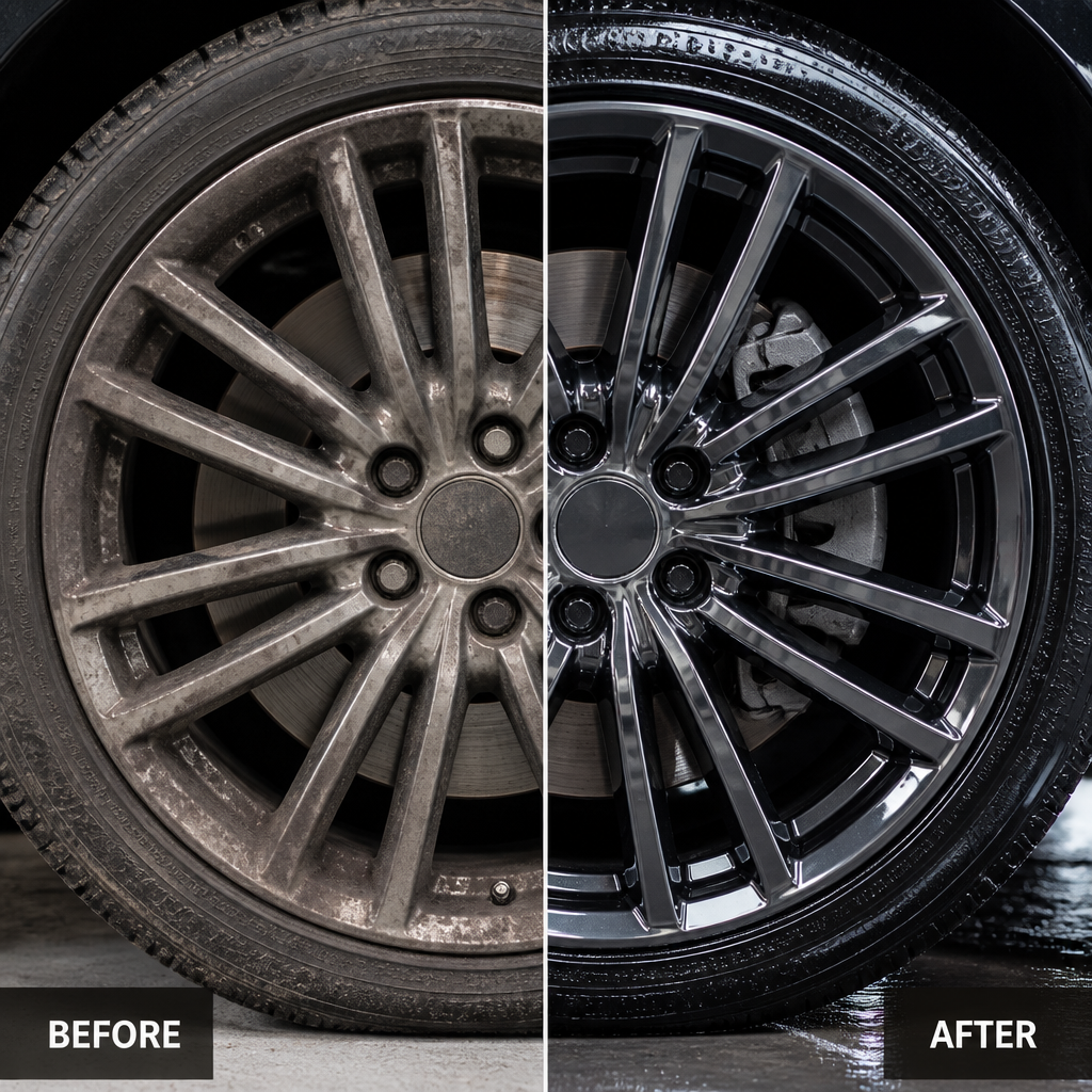 Before-and-after comparison of wheel ceramic coating showing protection against brake dust and winter damage