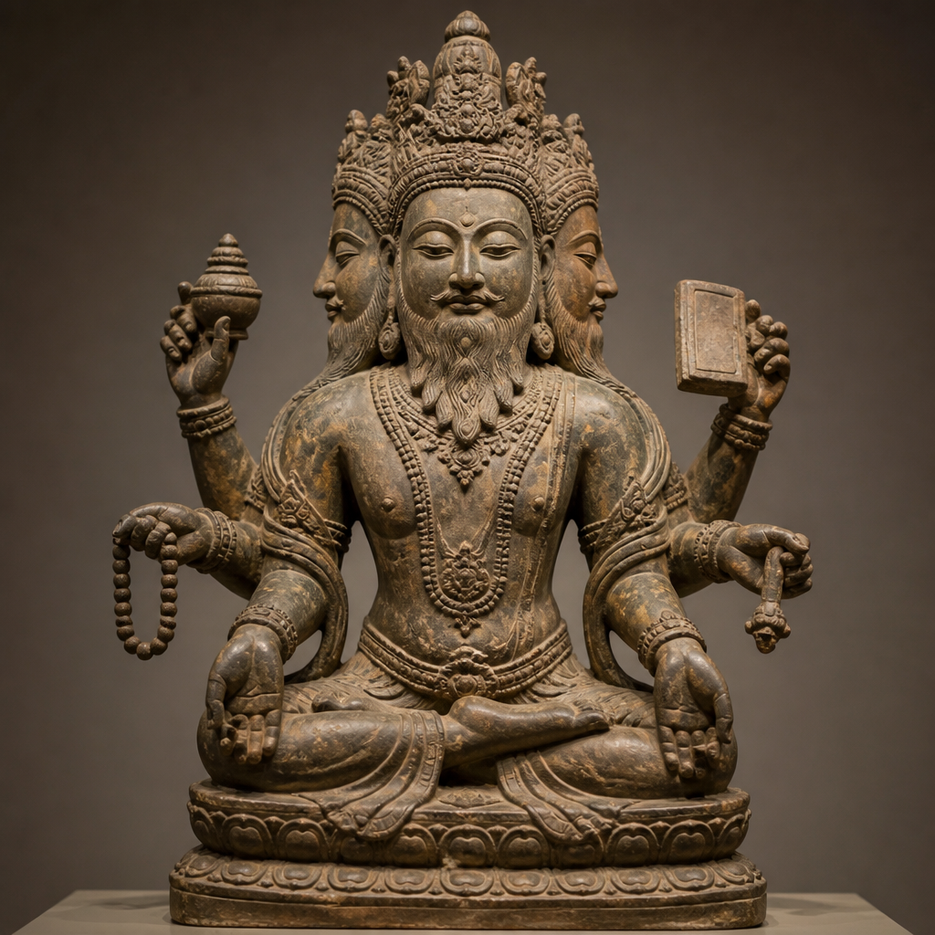 Close-up of a four-faced Brahma statue showing intricate carving details and traditional Hindu iconography