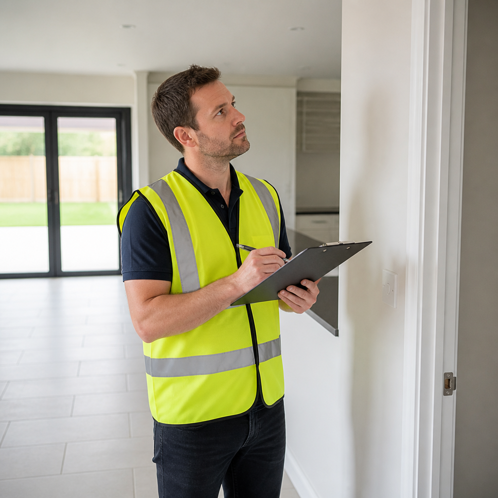 Licensed home inspector conducting a practical completion inspection in a newly built home, clipboard in hand, examining construction quality