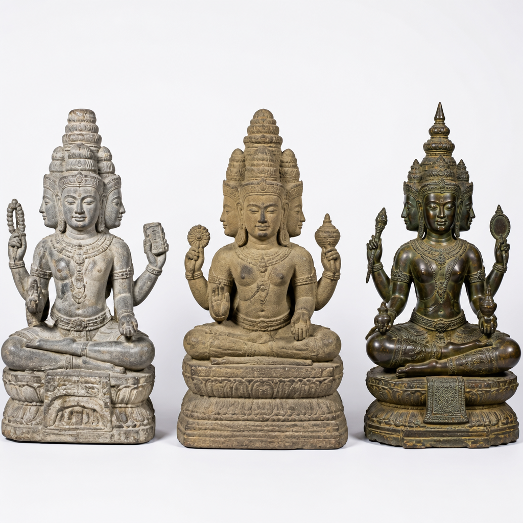 Three Brahma statues from different Asian traditions arranged to show stylistic differences