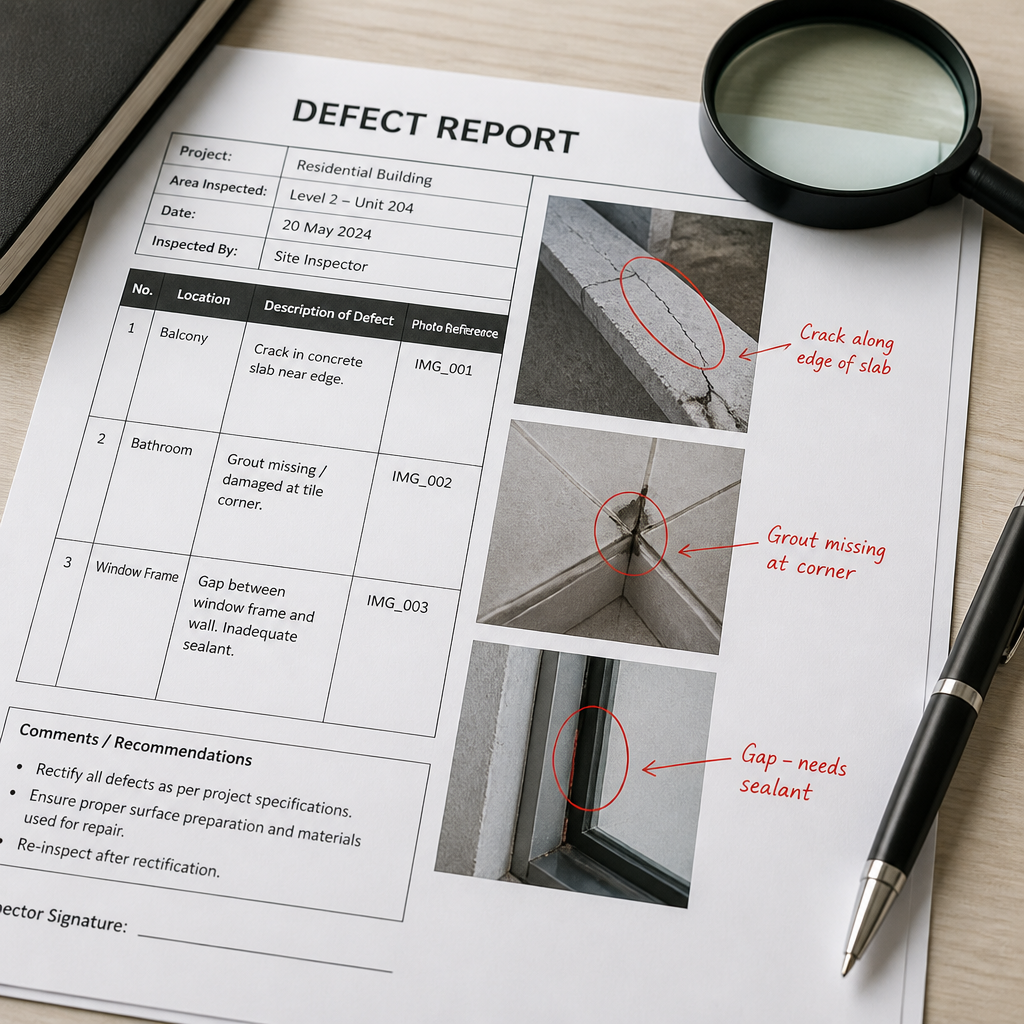 Detailed defect report document with photo-enhanced images showing identified construction issues and annotations