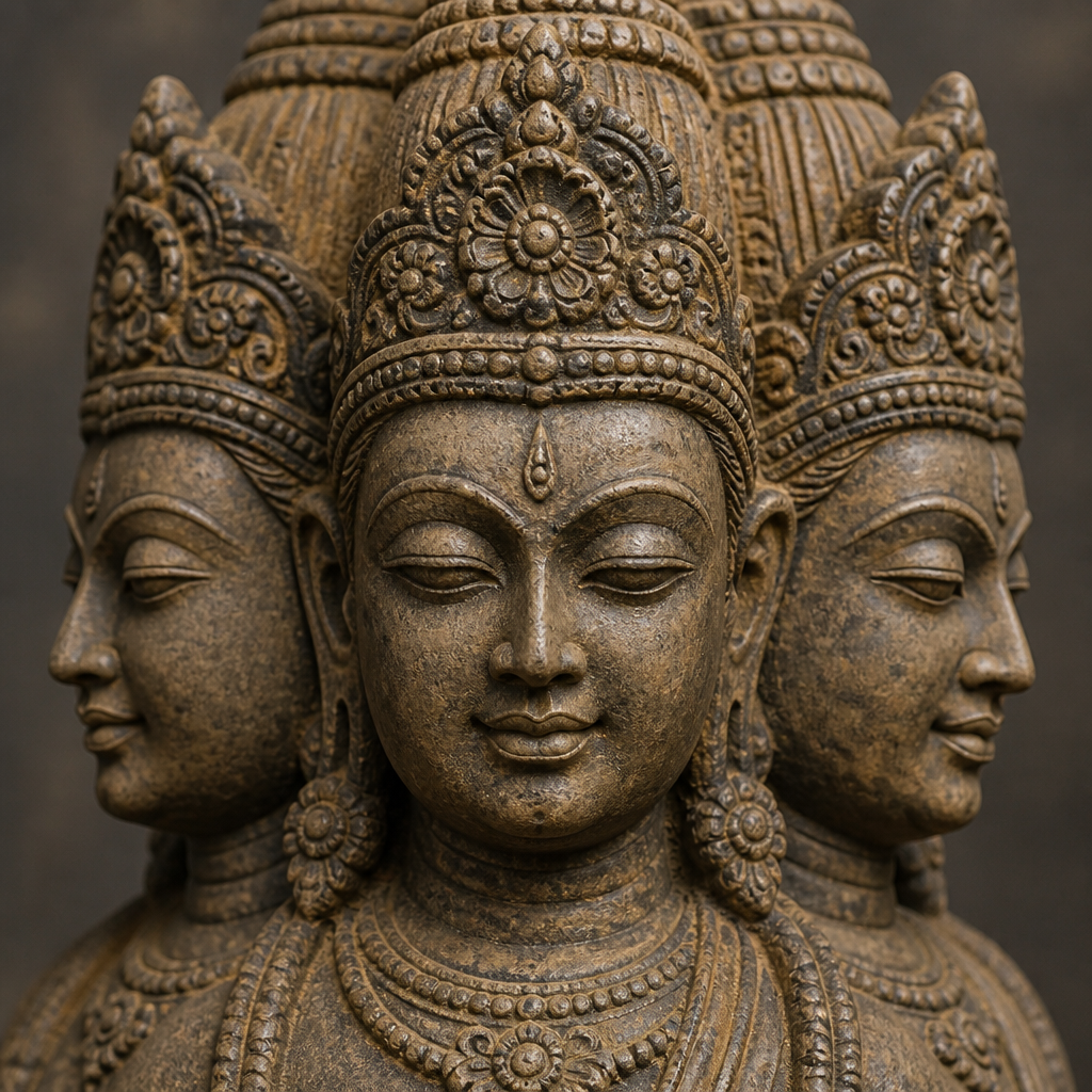 Detailed view of a Brahma statue's four faces highlighting carved features and iconographic symbolism