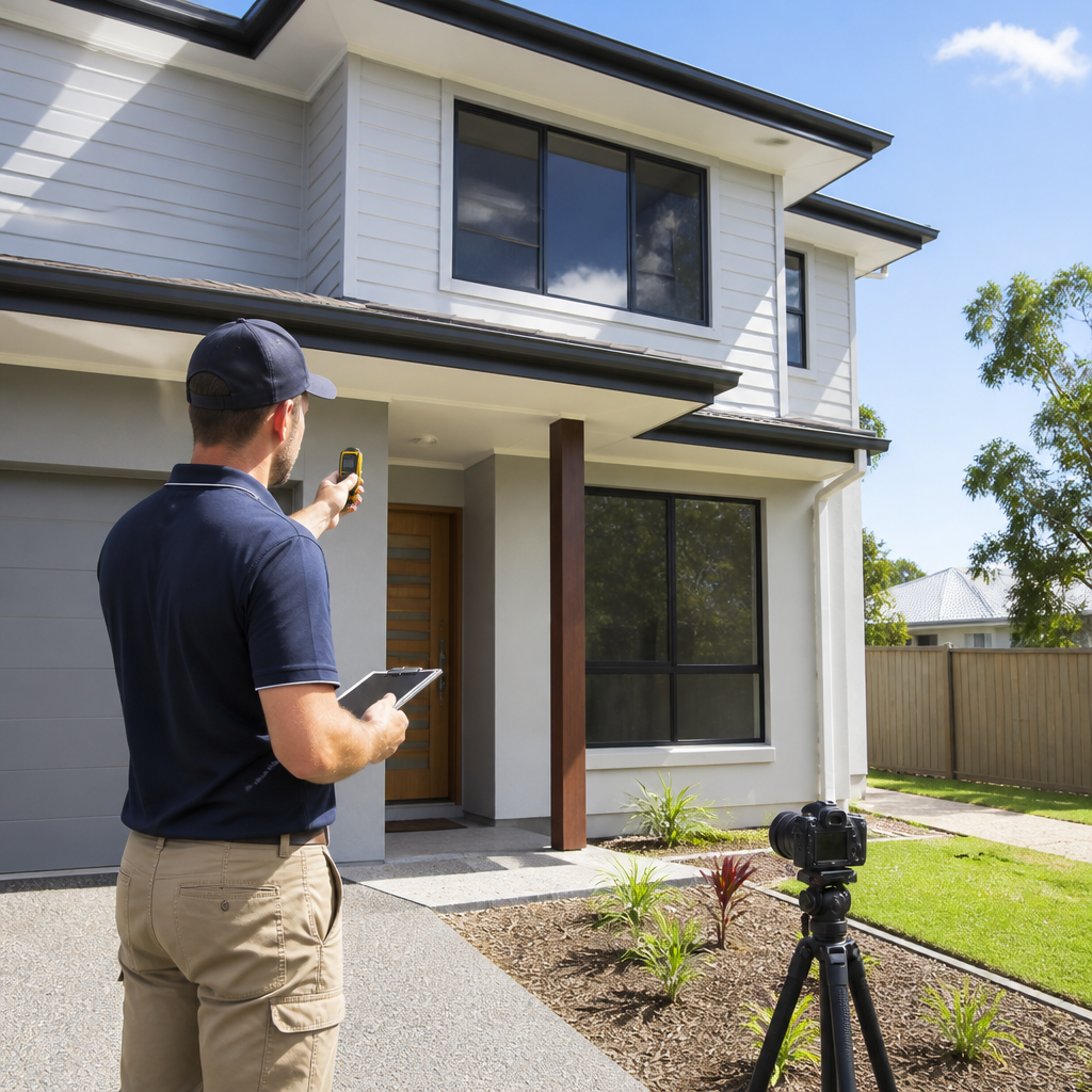 Home inspector conducting external practical completion inspection of a new residential property exterior