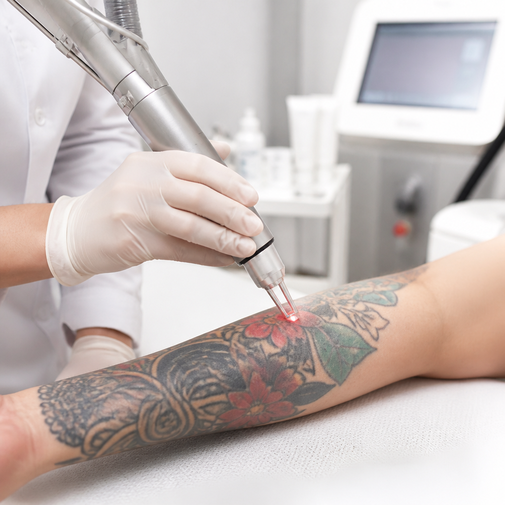 Picosecond laser tattoo removal treatment being performed on a tattooed forearm in a professional medical clinic