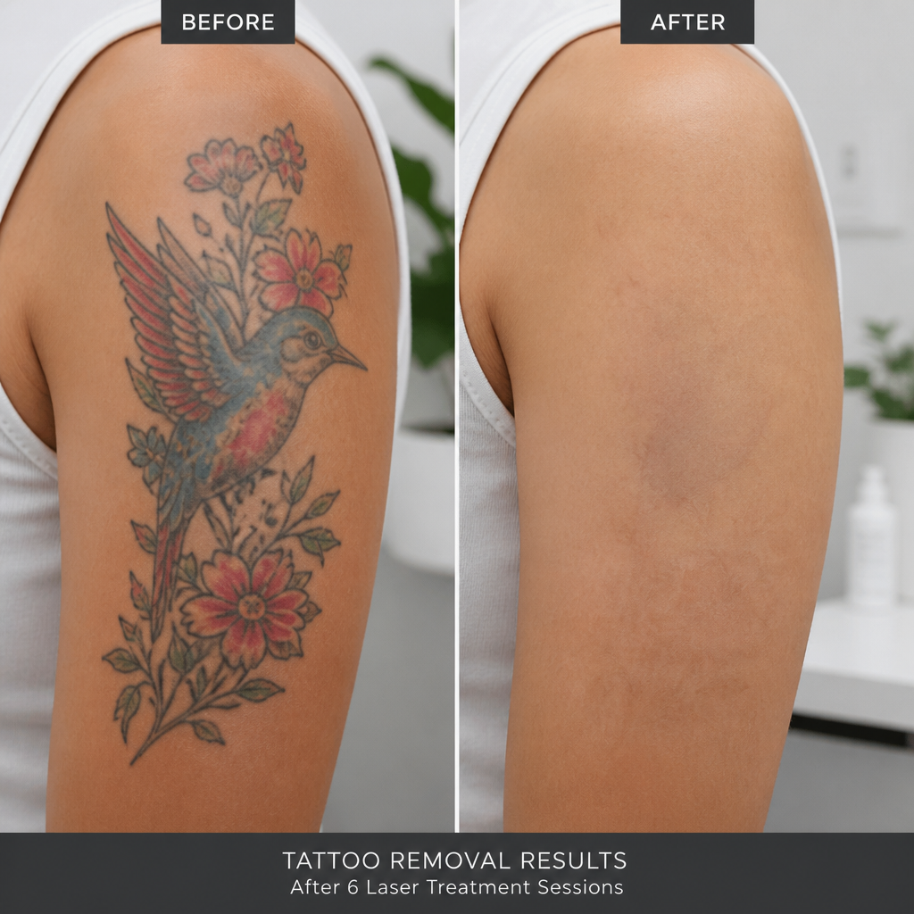 Split-screen before-and-after visual showing tattoo pigment clearance from laser removal treatment
