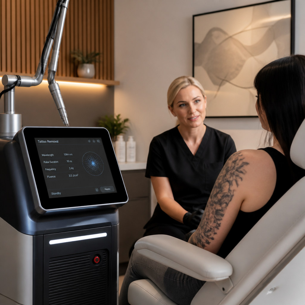 Modern laser removal clinic treatment room with state-of-the-art equipment and professional setup