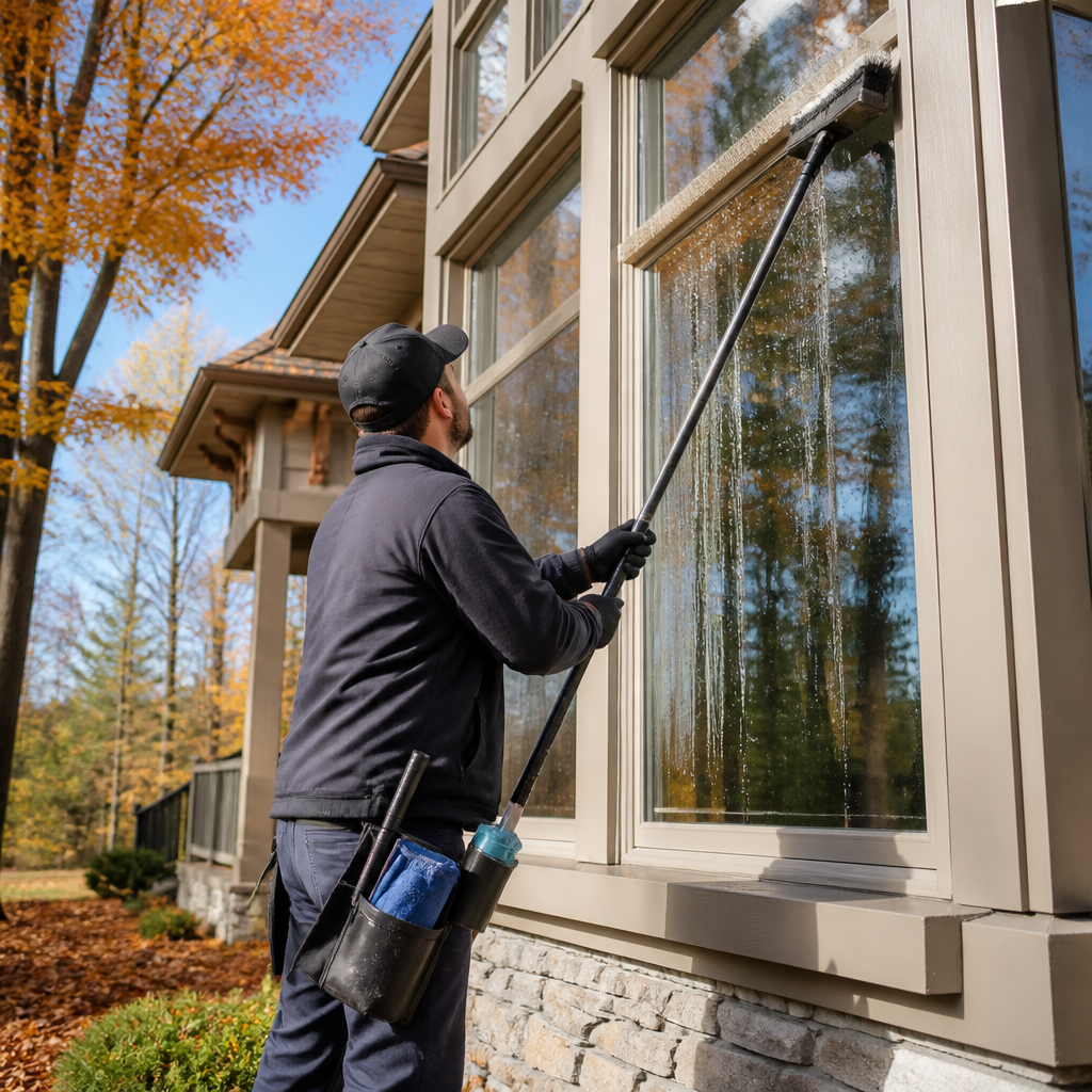 Professional window cleaner using equipment to clean exterior windows on a Fenwick residential home during fall season