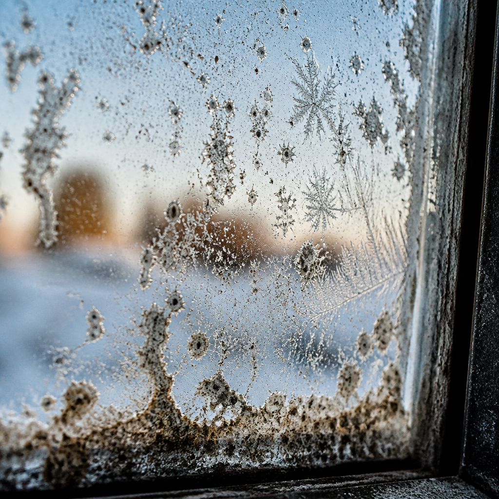 Close-up of frozen and hardened dirt buildup on window glass after first frost in Fenwick