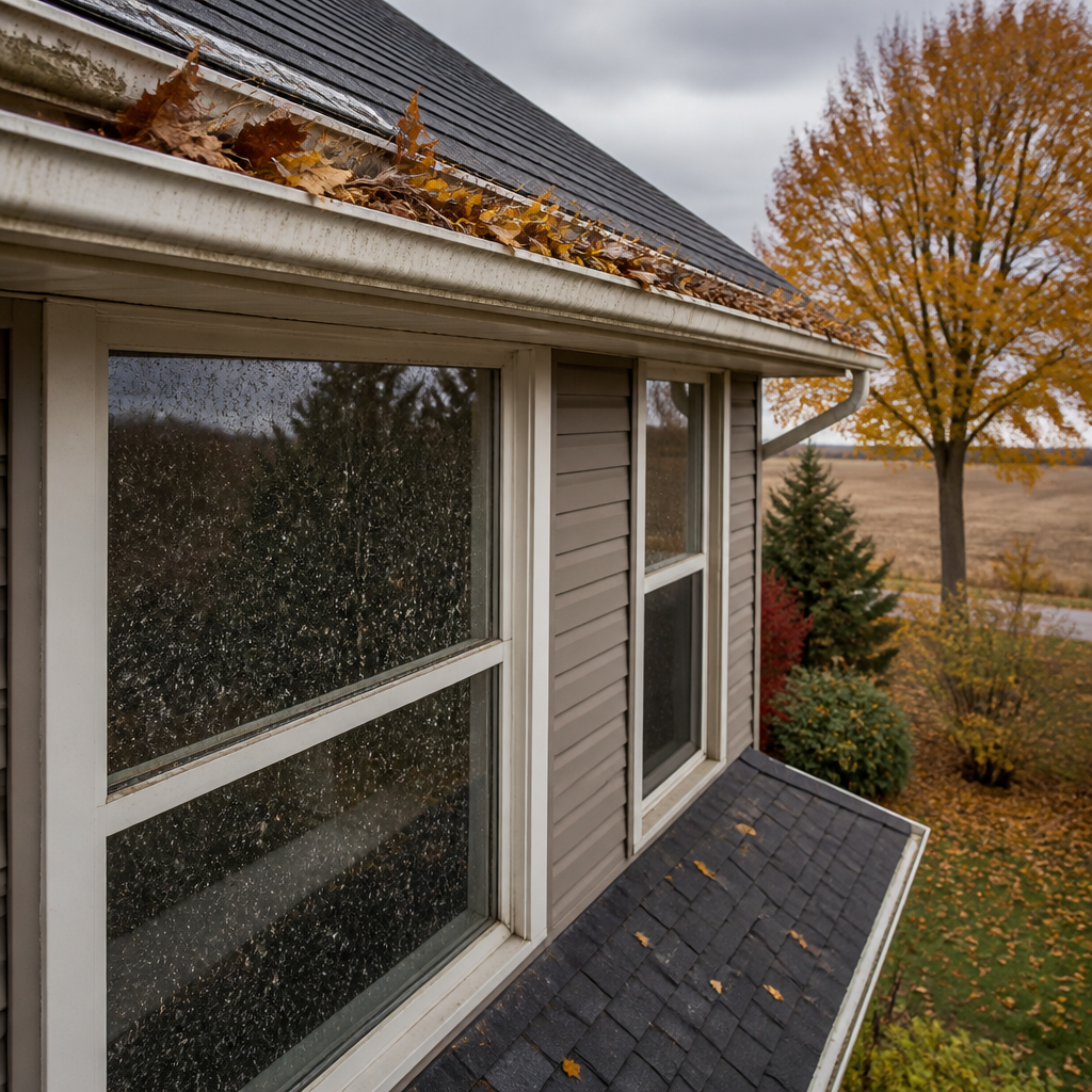 Fenwick residential home with debris-filled eavestroughs and dirty windows before professional fall cleaning