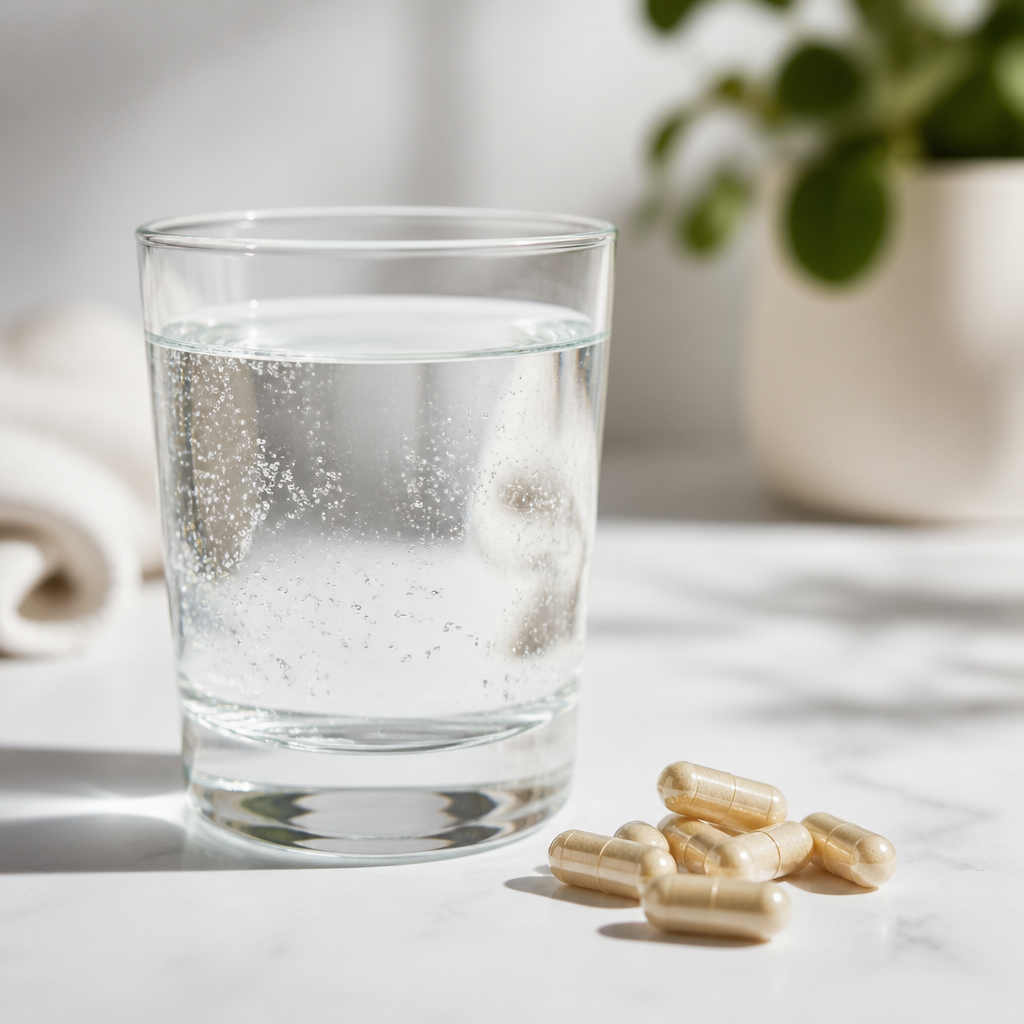 Selenium supplement capsules next to a glass of water on a white surface