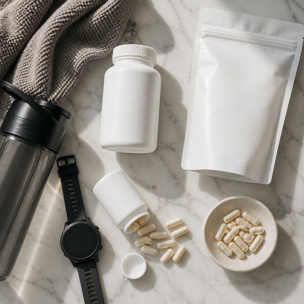 Active adult's supplement collection including selenium, displayed with fitness accessories