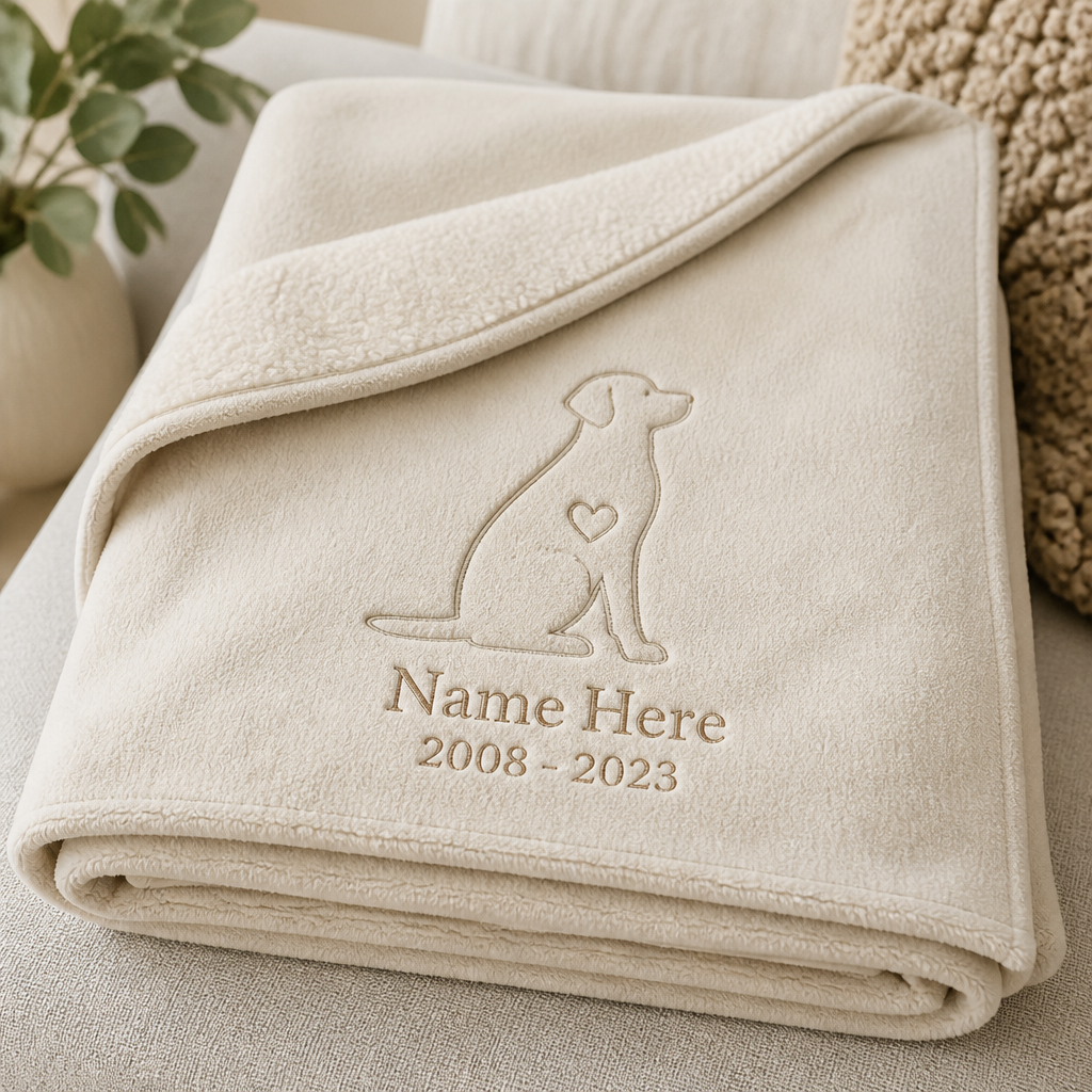 Personalized memorial blanket with engraved pet details in warm tones, folded on a neutral surface