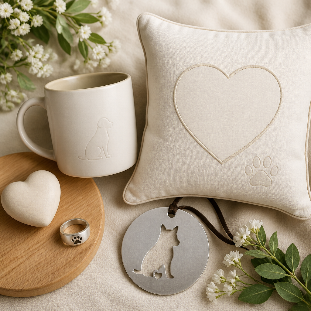 Collection of pet memorial products including engraved ring, ceramic mug, pillow, and car ornament arranged in a flat lay