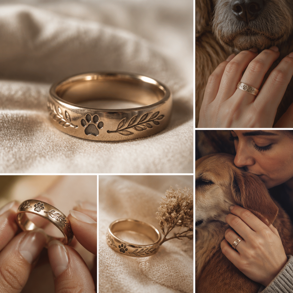Engraved memorial ring with personalized pet detail, close-up shot with warm intimate lighting