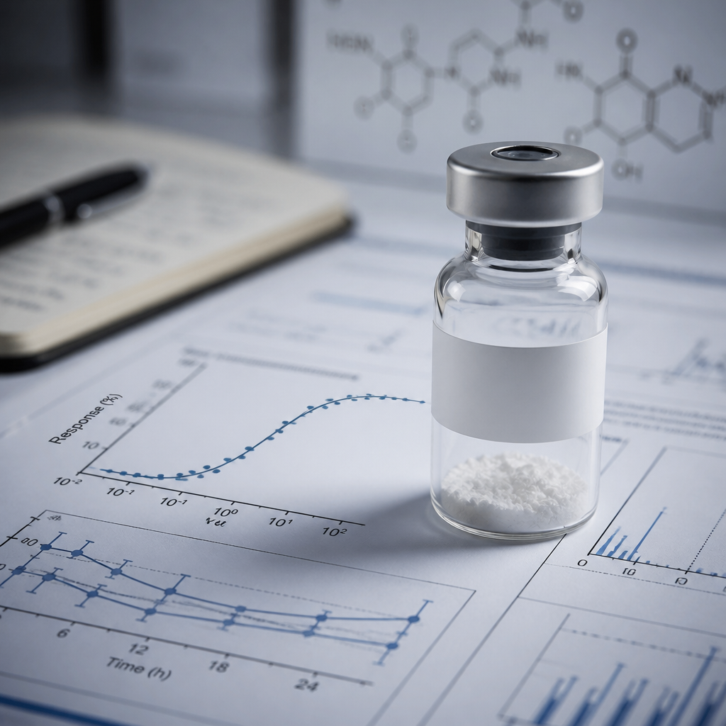 Lyophilized peptide vial with research data and dose-response timeline documentation