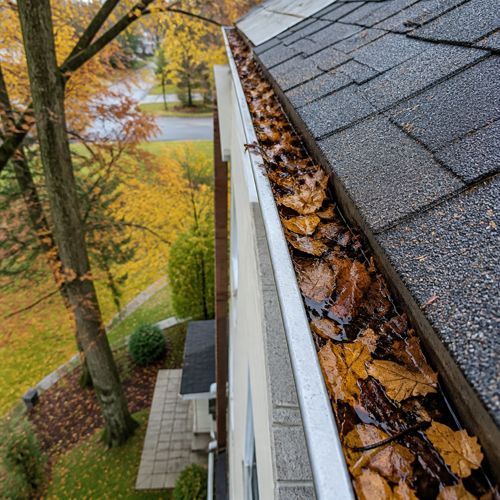 Clogged residential eavestrough packed with autumn leaves and debris