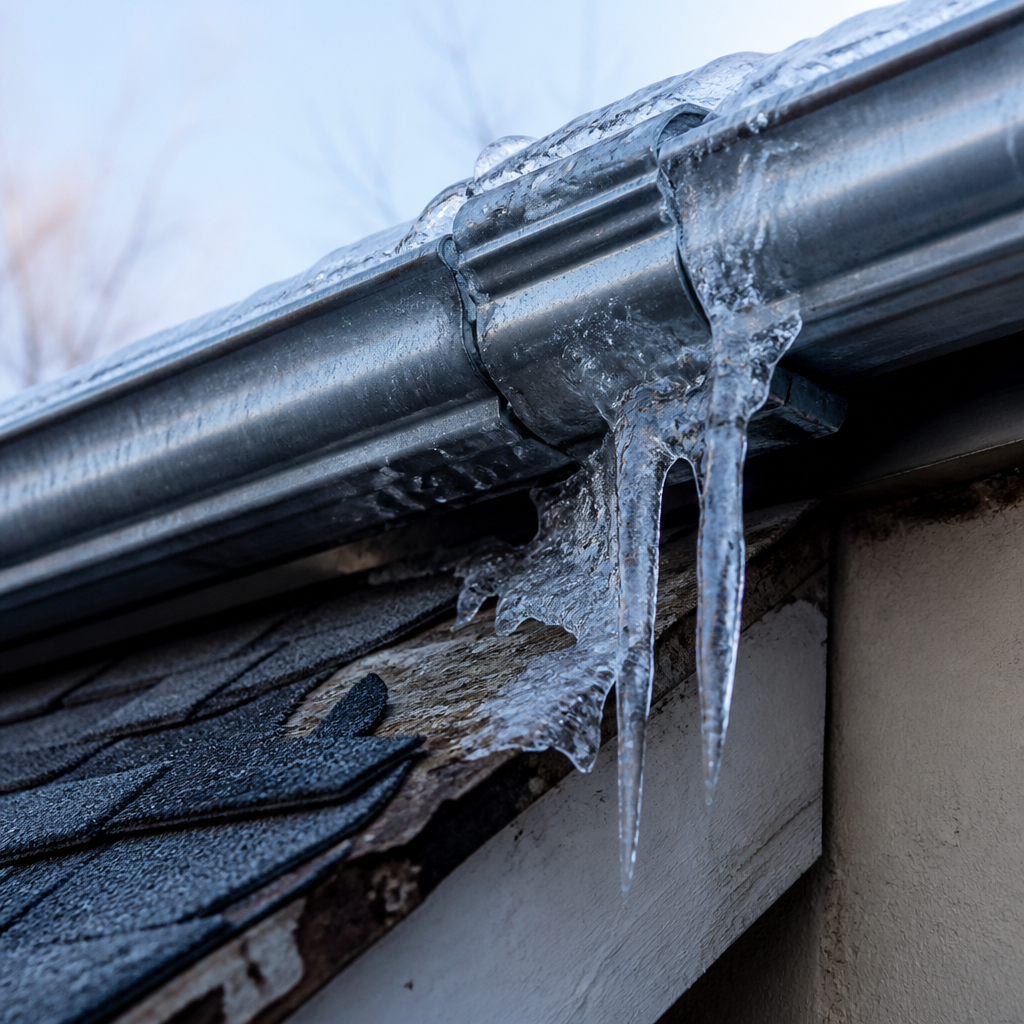 Ice dam formation on residential eavestrough showing winter damage