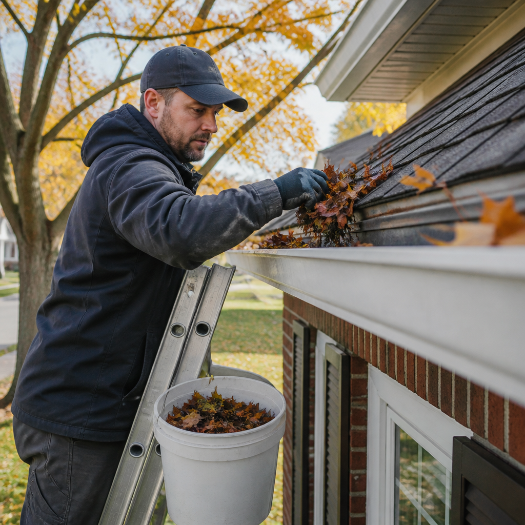 Professional contractor cleaning leaves from a residential eavestrough with proper equipment