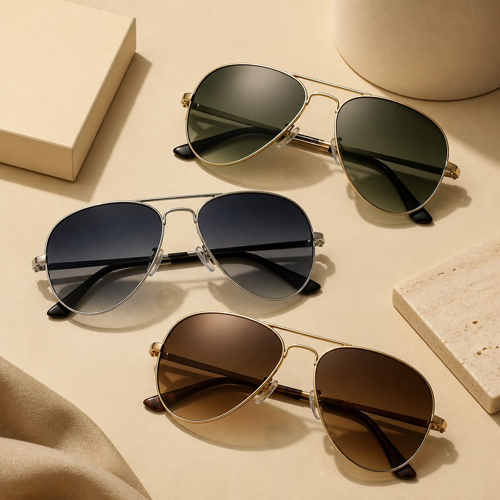 Flat lay of pilot-style sunglasses with teardrop metal frames and gradient lenses