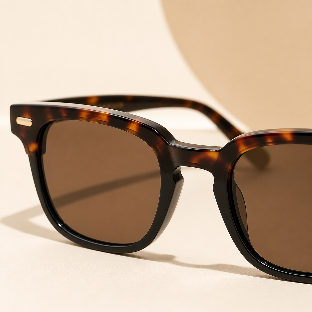 Close-up detail of rectangular browline sunglasses in tortoiseshell acetate
