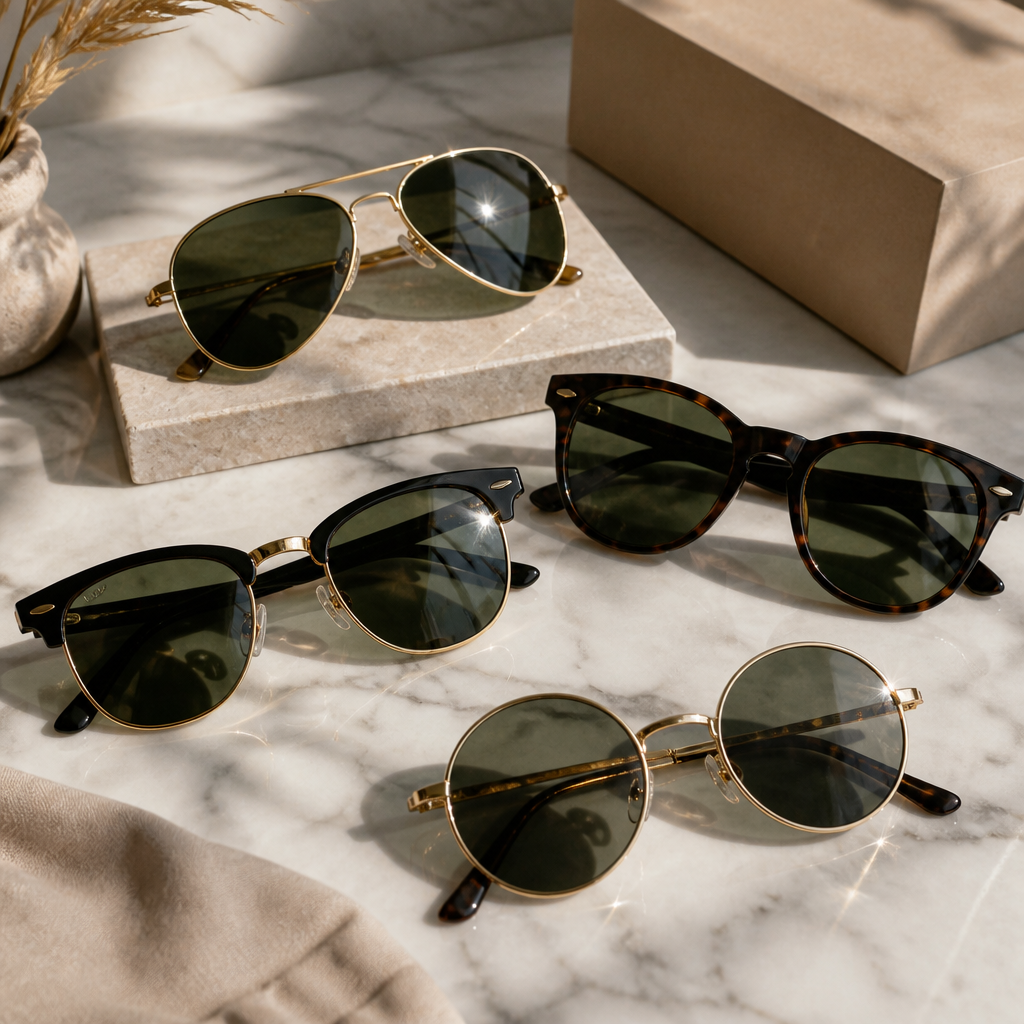 Curated collection of assorted classic sunglasses styles arranged on marble surface