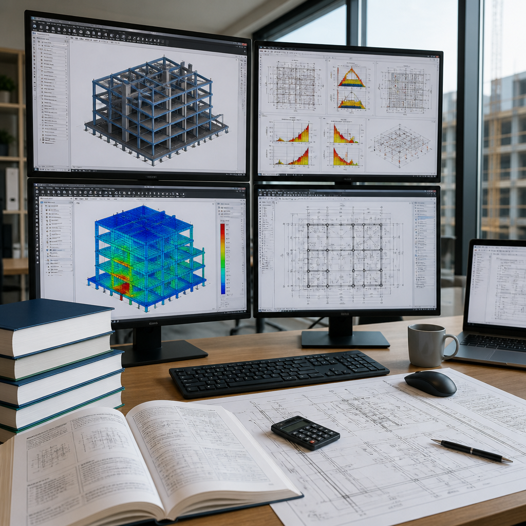 Structural engineer's workspace showing digital 3D building modeling software and finite element analysis on computer monitors