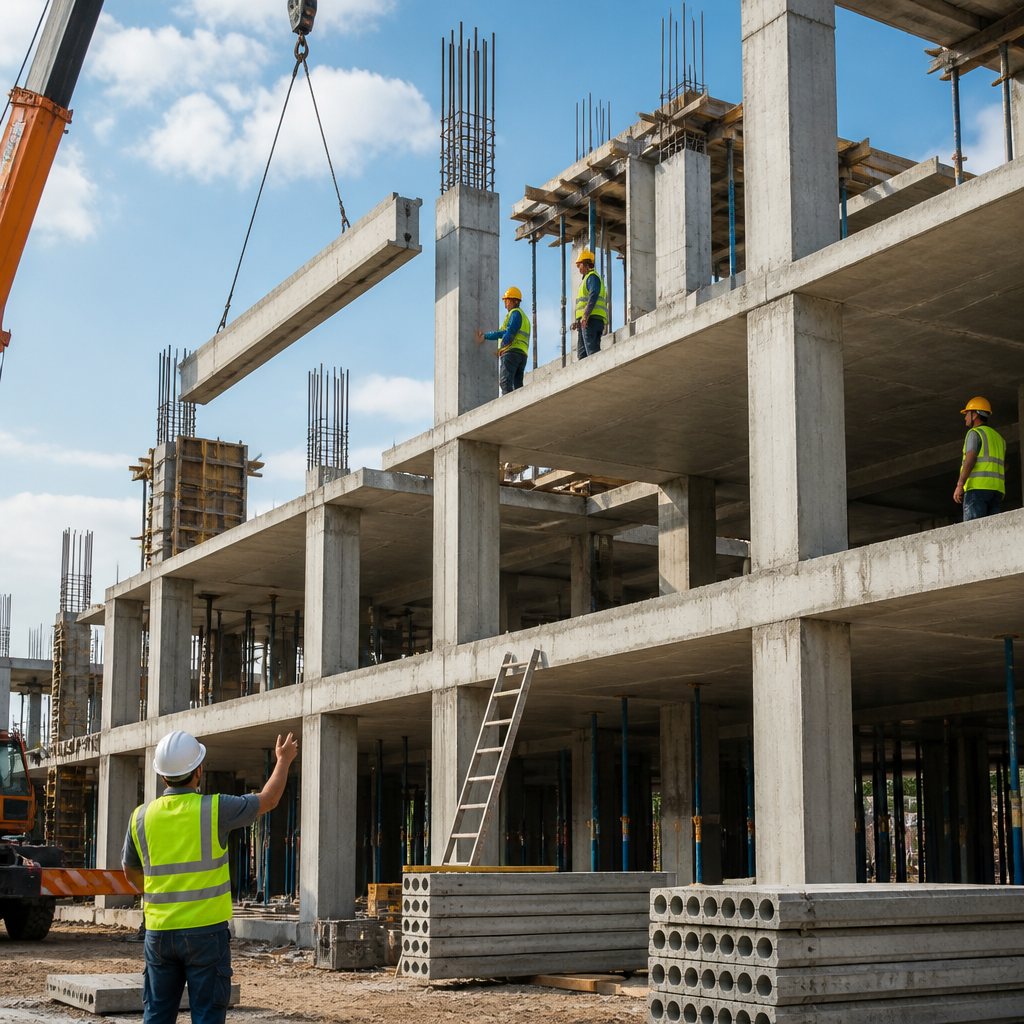 Active construction site showing concrete columns, floor slabs, and structural framework during the building execution phase