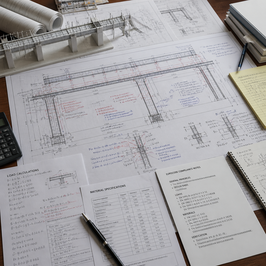 Structural engineering execution plans and technical documentation with calculations and construction details
