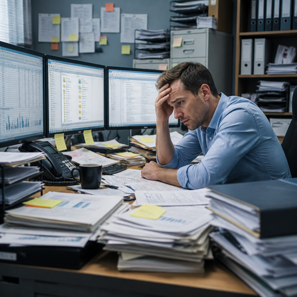 SME business owner at desk surrounded by disorganized digital files and paper documents