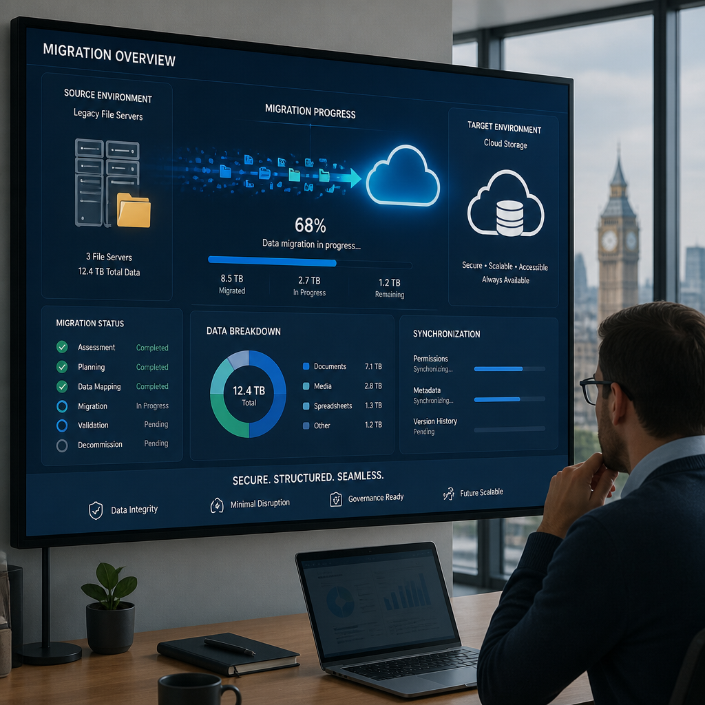 Cloud migration dashboard showing data transfer and organized file structure visualization