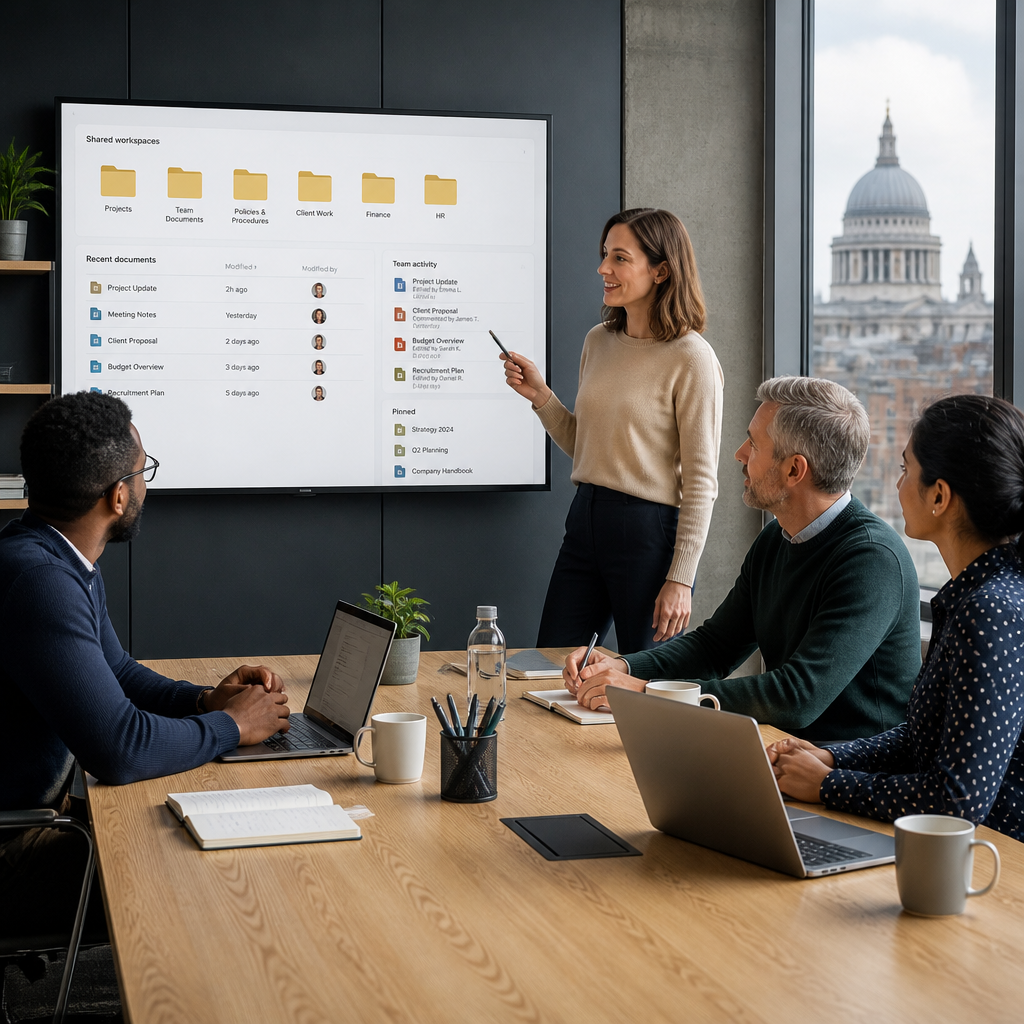 SME team collaborating in modern office with organized shared workspace displayed on screen