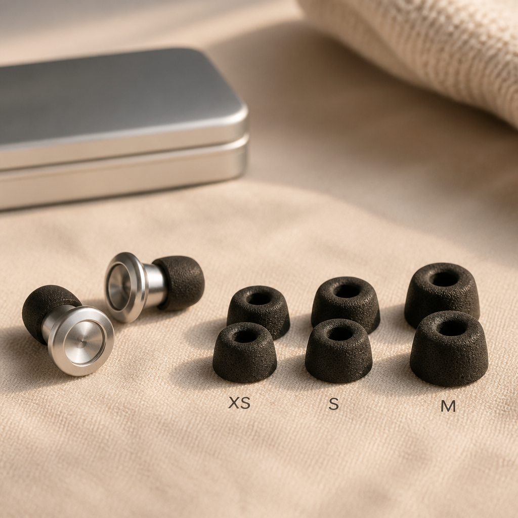Premium metal-bodied reusable ear plugs with three sizes of soft foam tips displayed in editorial product photography