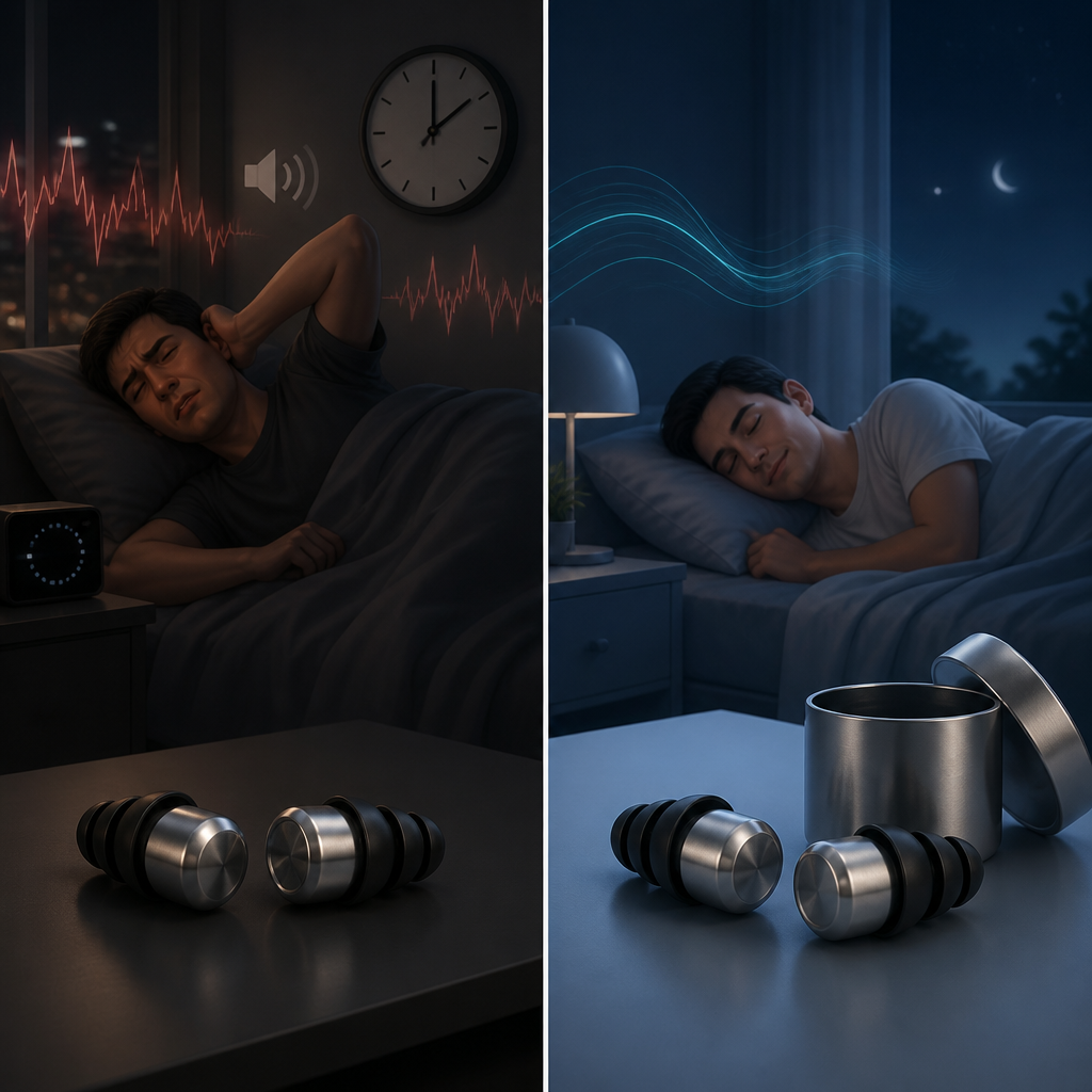 Editorial comparison illustration of disrupted versus restorative sleep, featuring noise-reduction ear plugs as the solution
