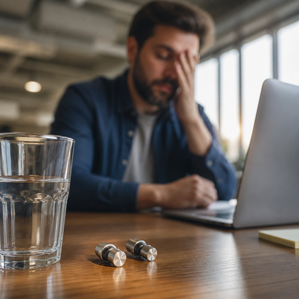Office worker at desk showing signs of sleep deprivation, with noise-reduction ear plugs positioned as the productivity solution