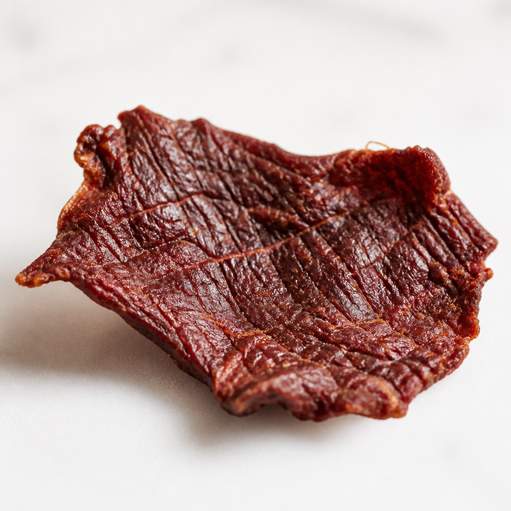 A single air-dried Australian beef chip treat on a white surface showing its natural texture and color