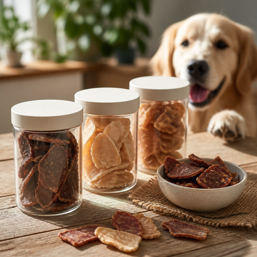 Multiple containers of air-dried pet treat chips (beef, chicken, and turkey) arranged on a wooden table with treats visible and a dog in the background